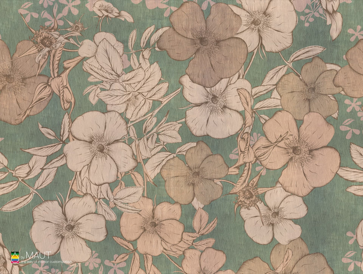 Wallpaper FLORA met getekende bloemen en rustieke achtergrond.
