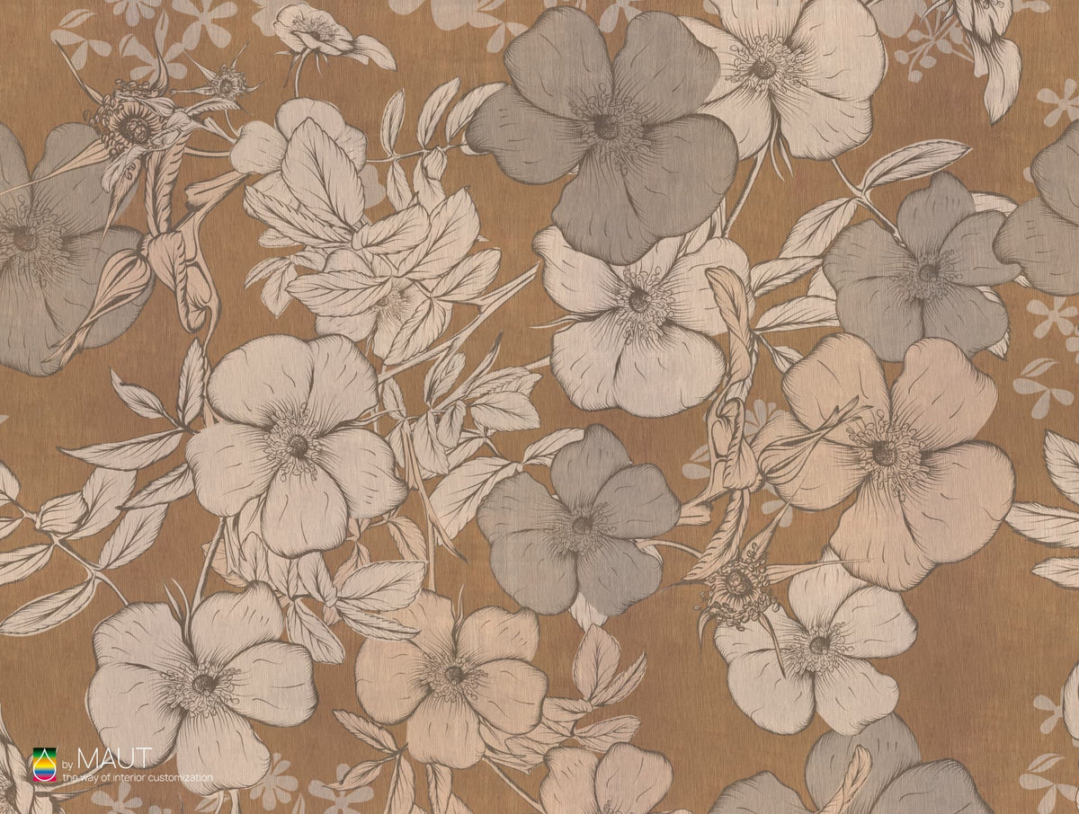 Wallpaper FLORA met getekende bloemen en rustieke naturel achtergrond