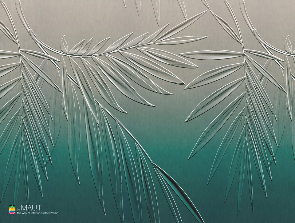 Wallpaper LEAVES met natuurlijke bladeren en zachte blauw groene kleurverlopen
