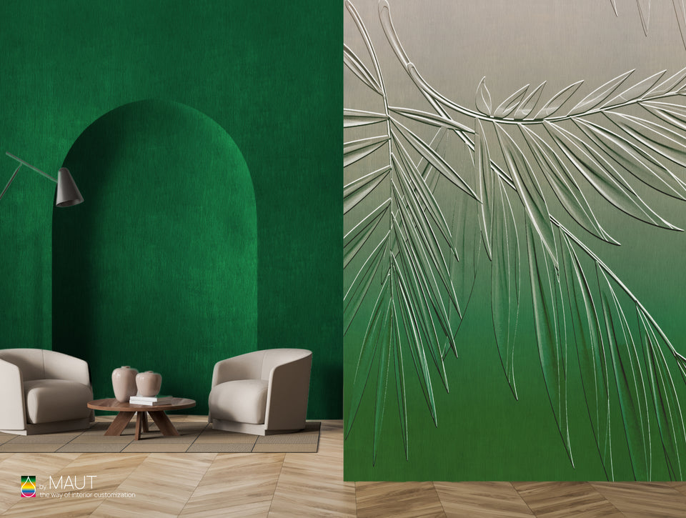 Wandbekleding LEAVES met subtiele structuren en groene ombre achtergrond