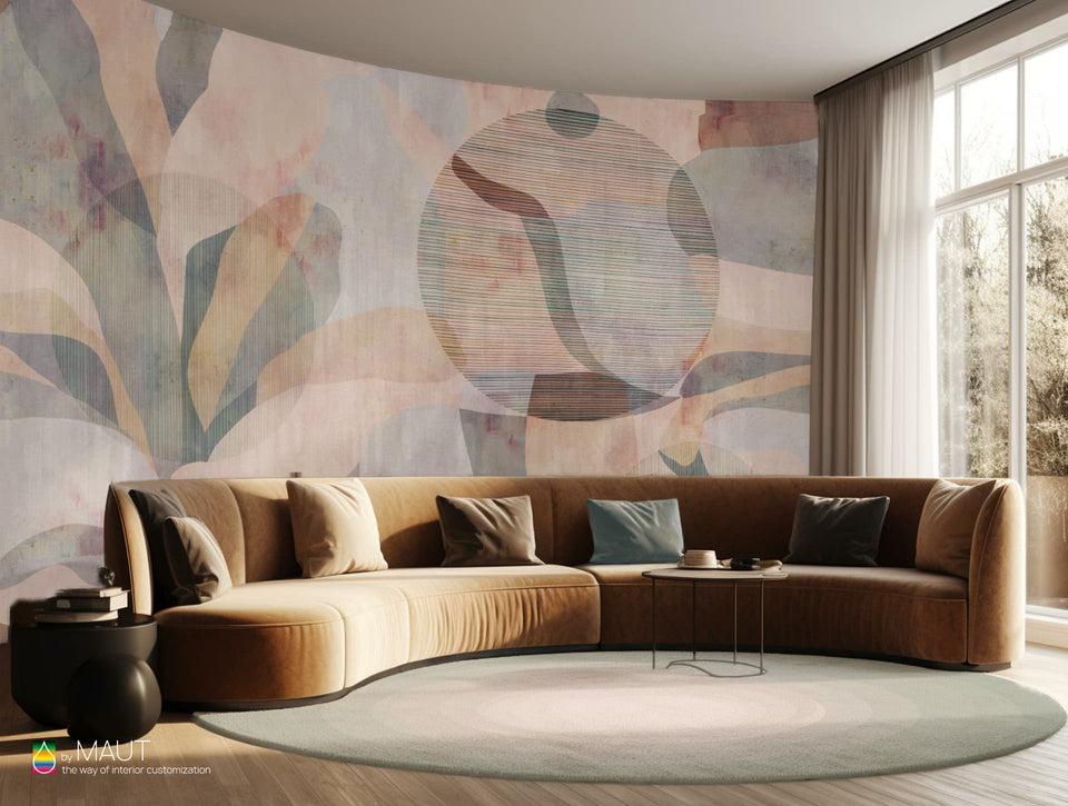 Wallpaper LEFF met abstracte vormen en beton- en grasweefsel textuur