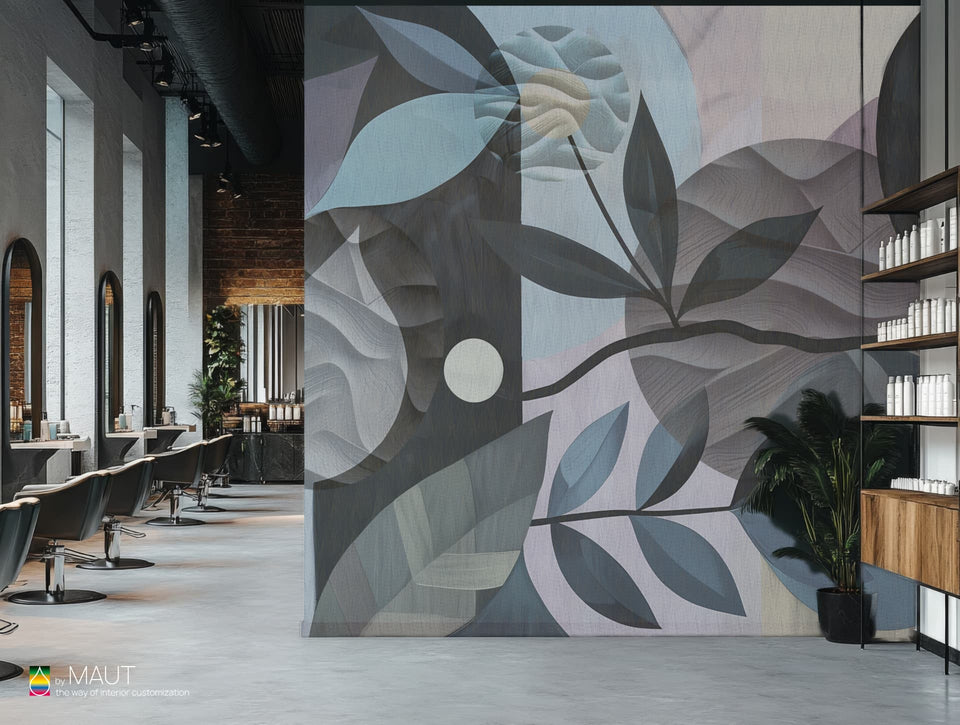 Wandbekleding MENZO met schilderachtige bladeren, bloemknoppen en takken in het blauw