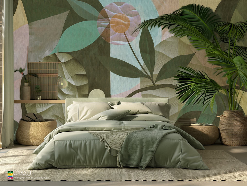 Wallpaper MENZO met bloemknoppen en bladeren in schilderachtige stijl en tropische kleuren