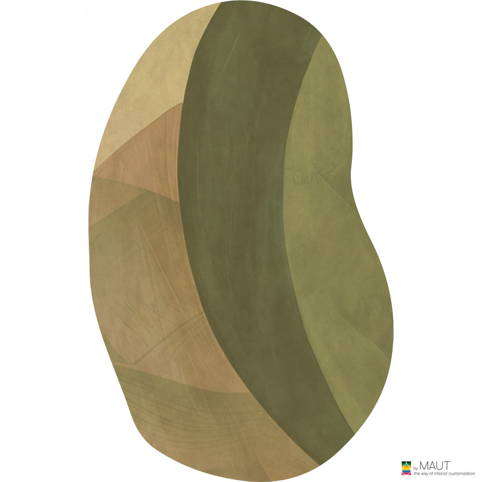 MERCI combineert zachte kiezelvormen en kleuren in een elegant vloerkleed in het groen