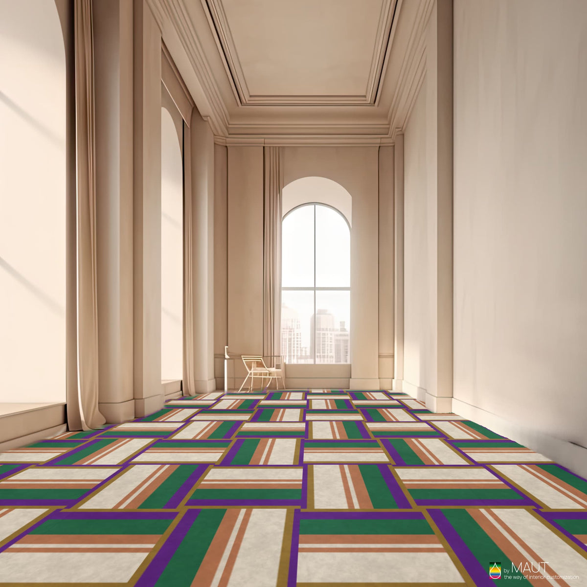 SENTO carpet tile met kleurrijke strepen geïnspireerd op Nederlandse bloembollenvelden met witte accenten