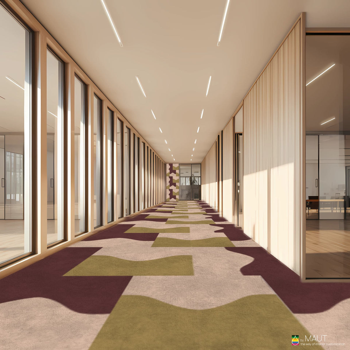 KENS carpet tile met golvende vormen geeft de vloer een eigentijdse en krachtige look