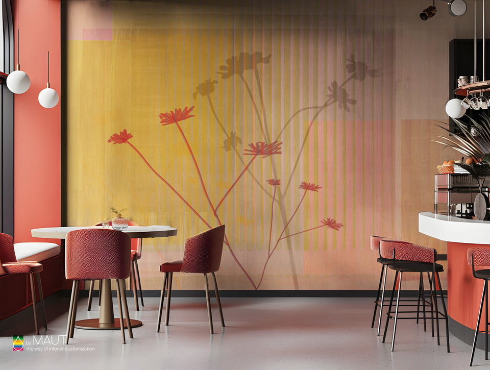 Wallpaper REMO RED met expressieve rode bloemen en verweerde achtergrond