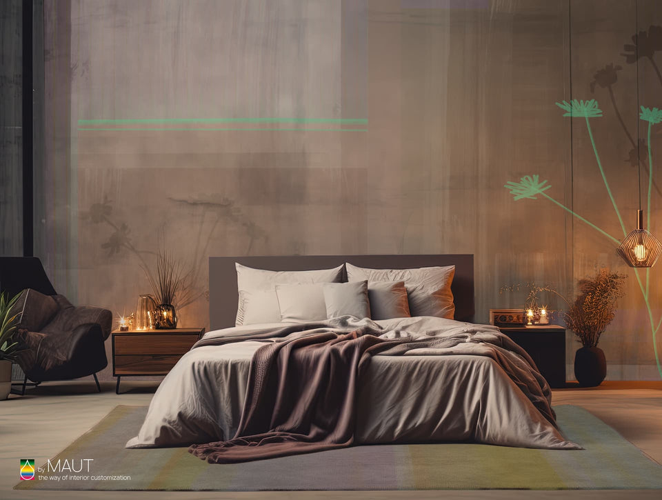 Wallpaper REMO met expressieve bloemen in een felle groene kleur op verweerde achtergrond