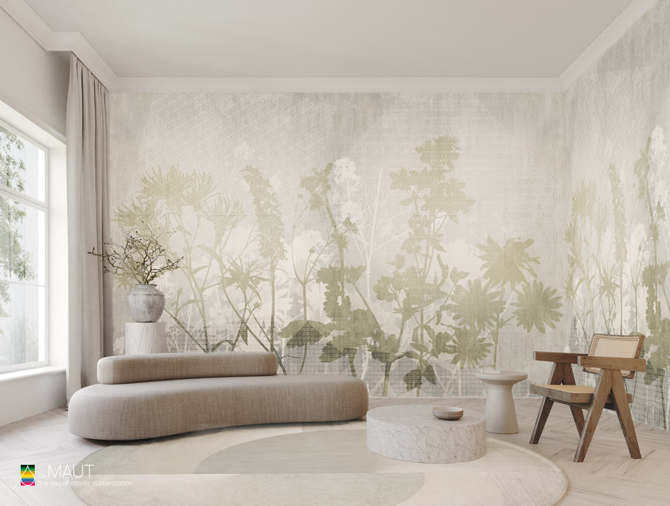 Wallpaper AROUND THE BUSH met abstracte bladeren en organische vormen