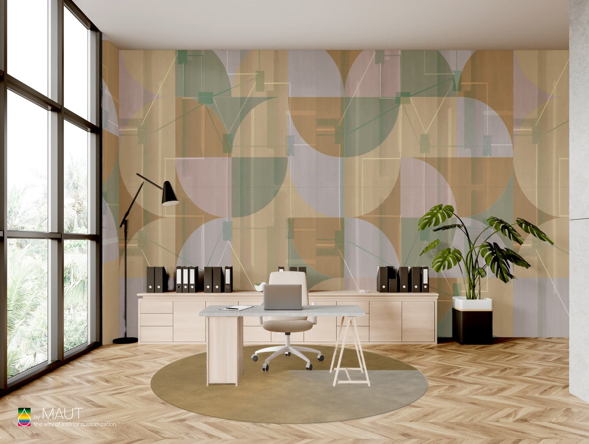 Wallpaper ROAD met abstracte halve cirkels en verfijnd lijnenspel met bruine tinten