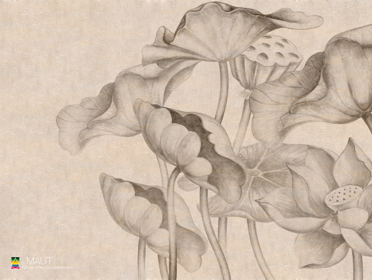 Wandbekleding DEVINE met grote lotus bloemen en zachte natuurlijke kleuren