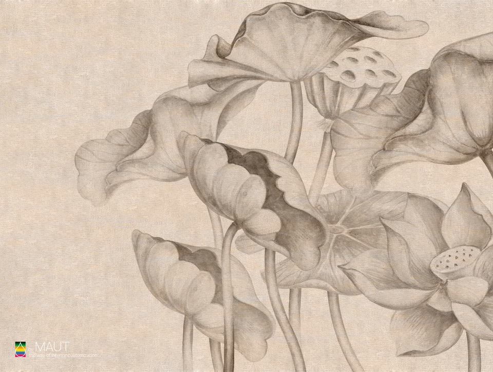 Wandbekleding DEVINE met grote lotus bloemen en zachte natuurlijke kleuren
