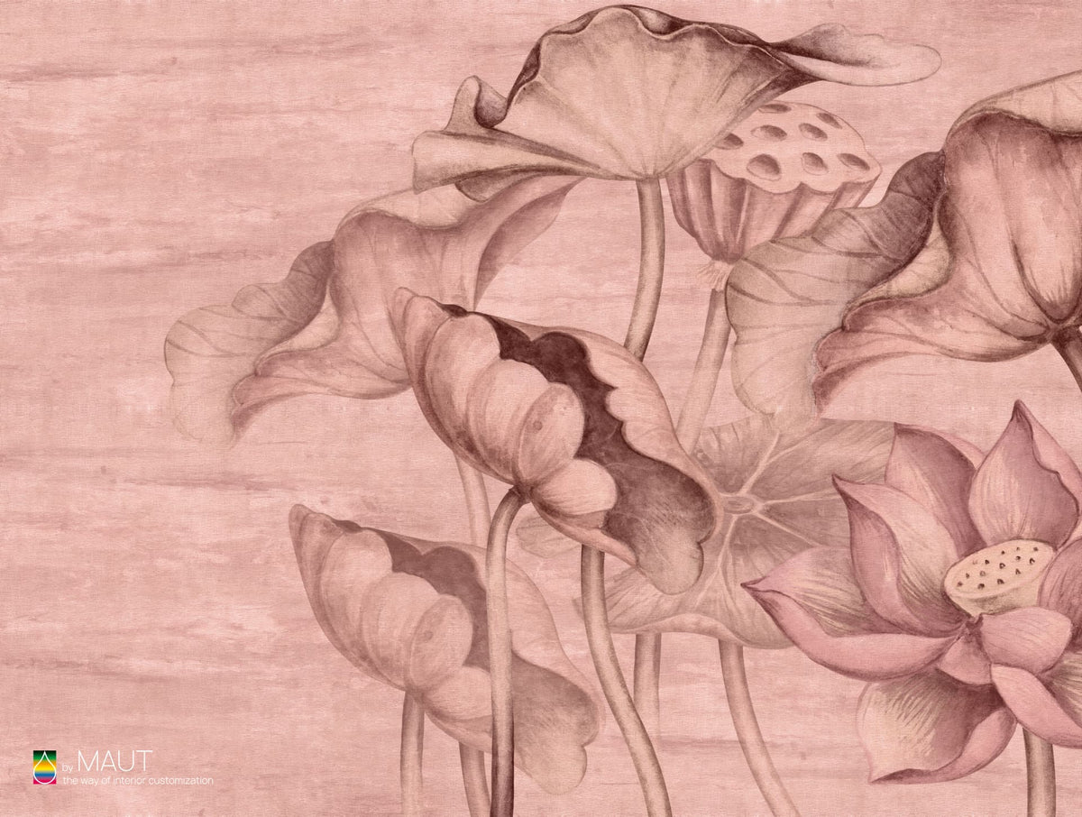 Wandbekleding DEVINE met grote lotus bloemen en zachte pastel tinten