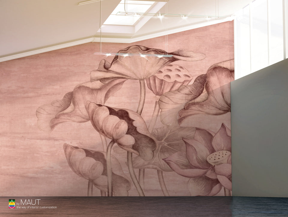 Wandbekleding DEVINE met grote lotus bloemen en uitgesproken pastel tinten