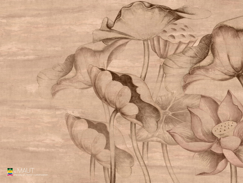 Wandbekleding DEVINE met grote lotus bloemen en zachte natuurlijke pastel tinten