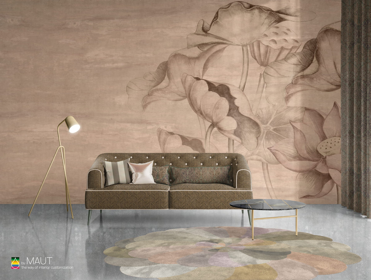 Wallpaper DEVINE met theatrale lotus bloemen en pastel tinten
