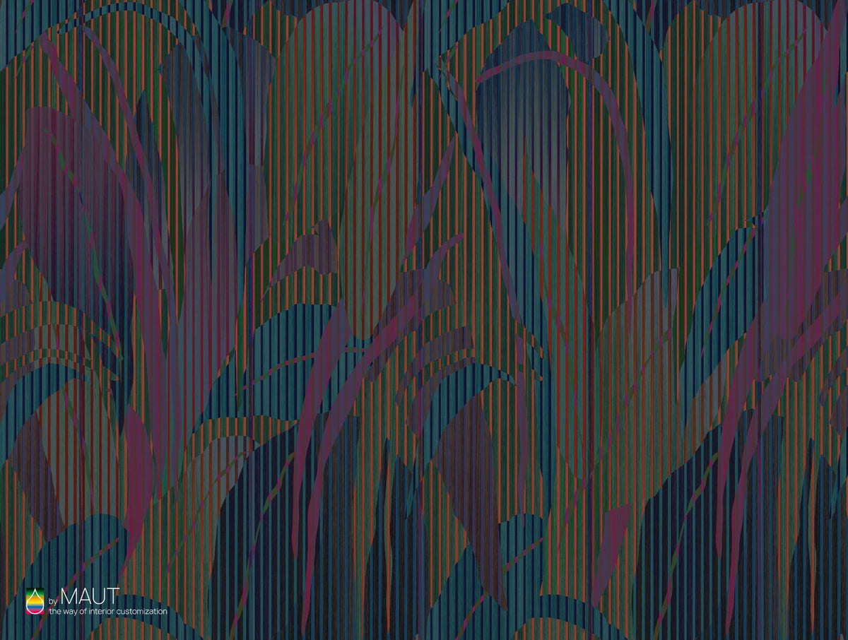 Wandbekleding DREAMWORLD met abstracte bladeren en woodpanel achtergrond in hippe tinten