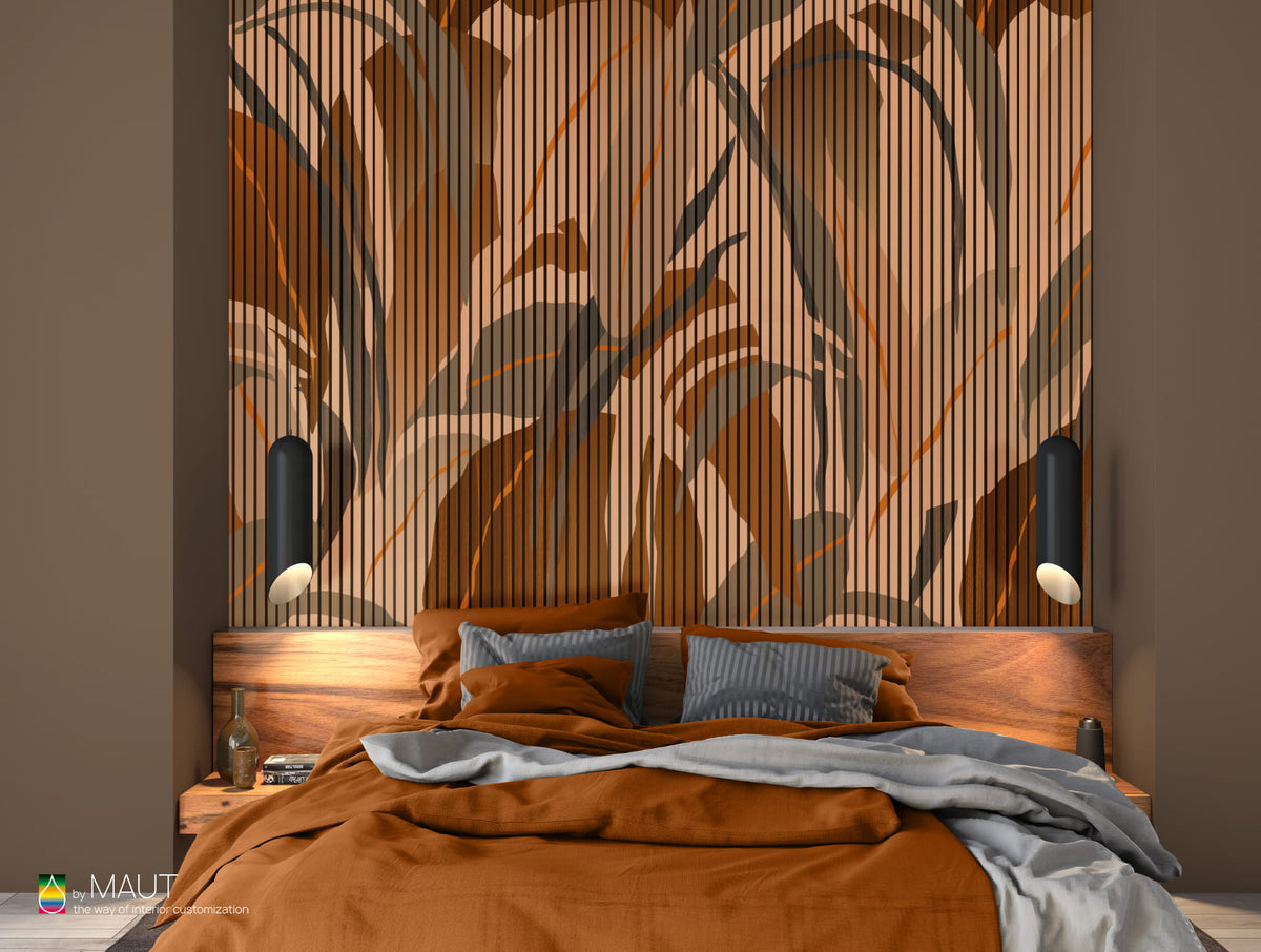 Wandbekleding DREAMWORLD met abstracte bladeren en woodpanel achtergrond in natuurlijke tinten