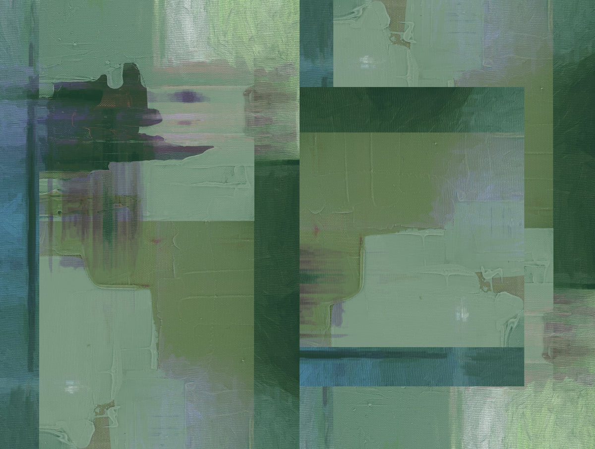 Artistieke stoere wandbekleding EXPRESSION OF THE PAINTER met olieverf textuur en creatief karakter in groene kleuren
