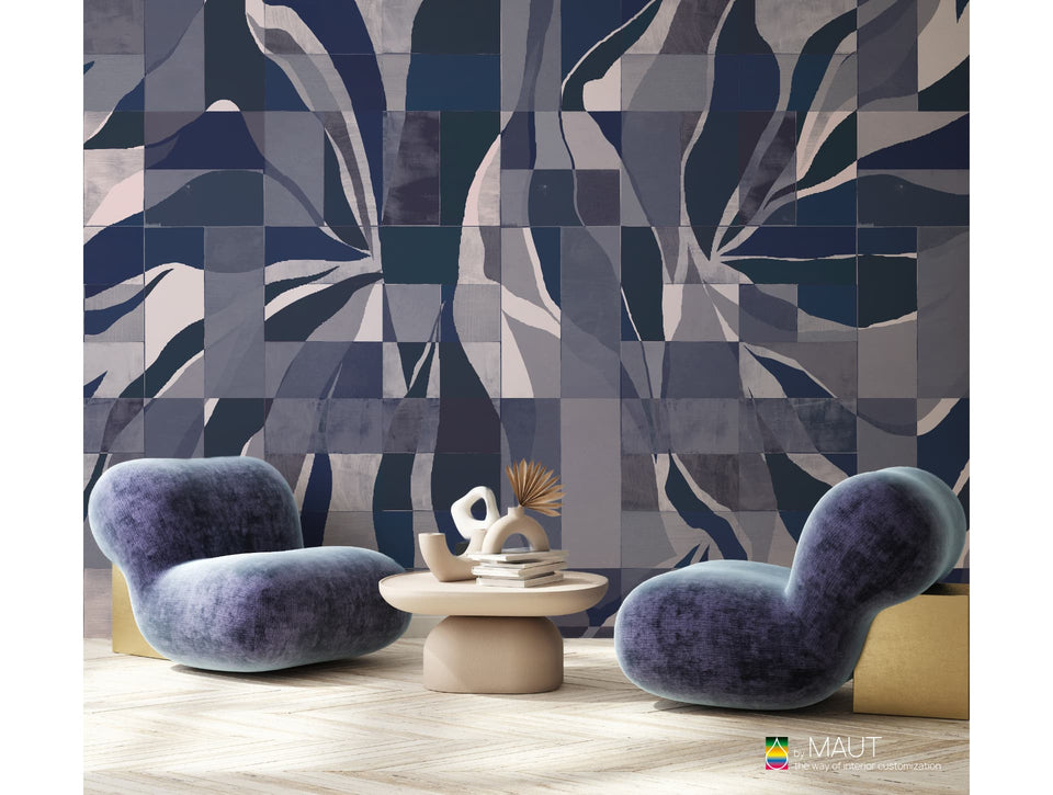 Wandbekleding BENZ blauw met abstracte blokken en sierlijke bladeren
