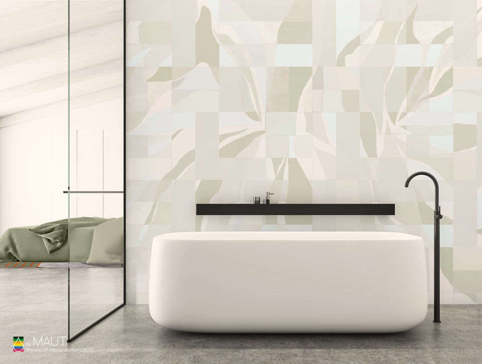 Wallpaper BENZ naturel met abstracte blokken en zwierige bladeren in drie kleuren
