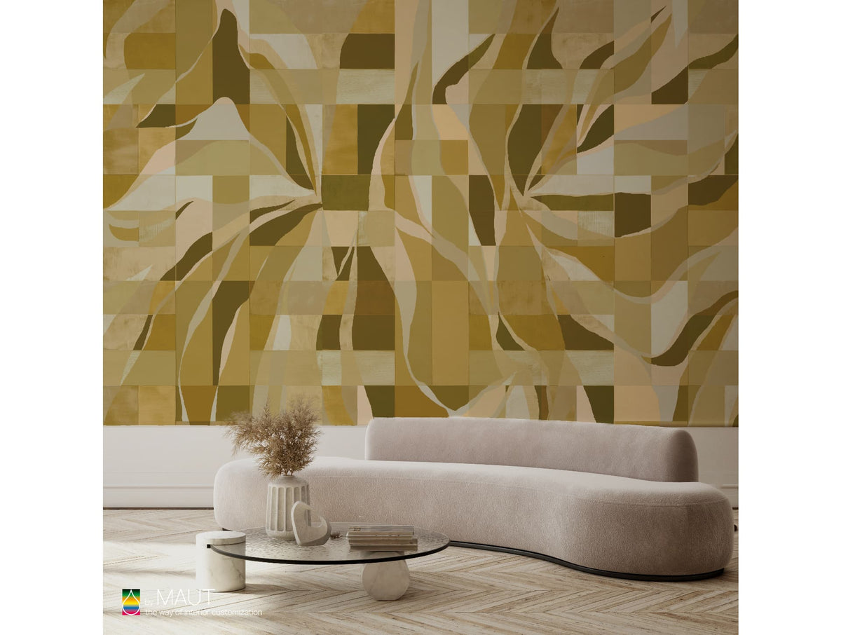 Wallpaper BENZ met abstracte gele blokken en zwierige bladeren.