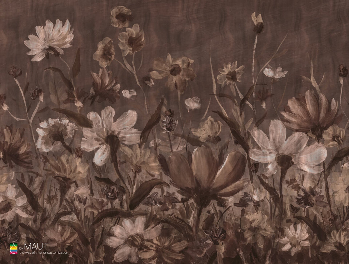 Wallpaper NILO dessin met geschilderde bloemen in expressieve stijl met natuurlijke tinten