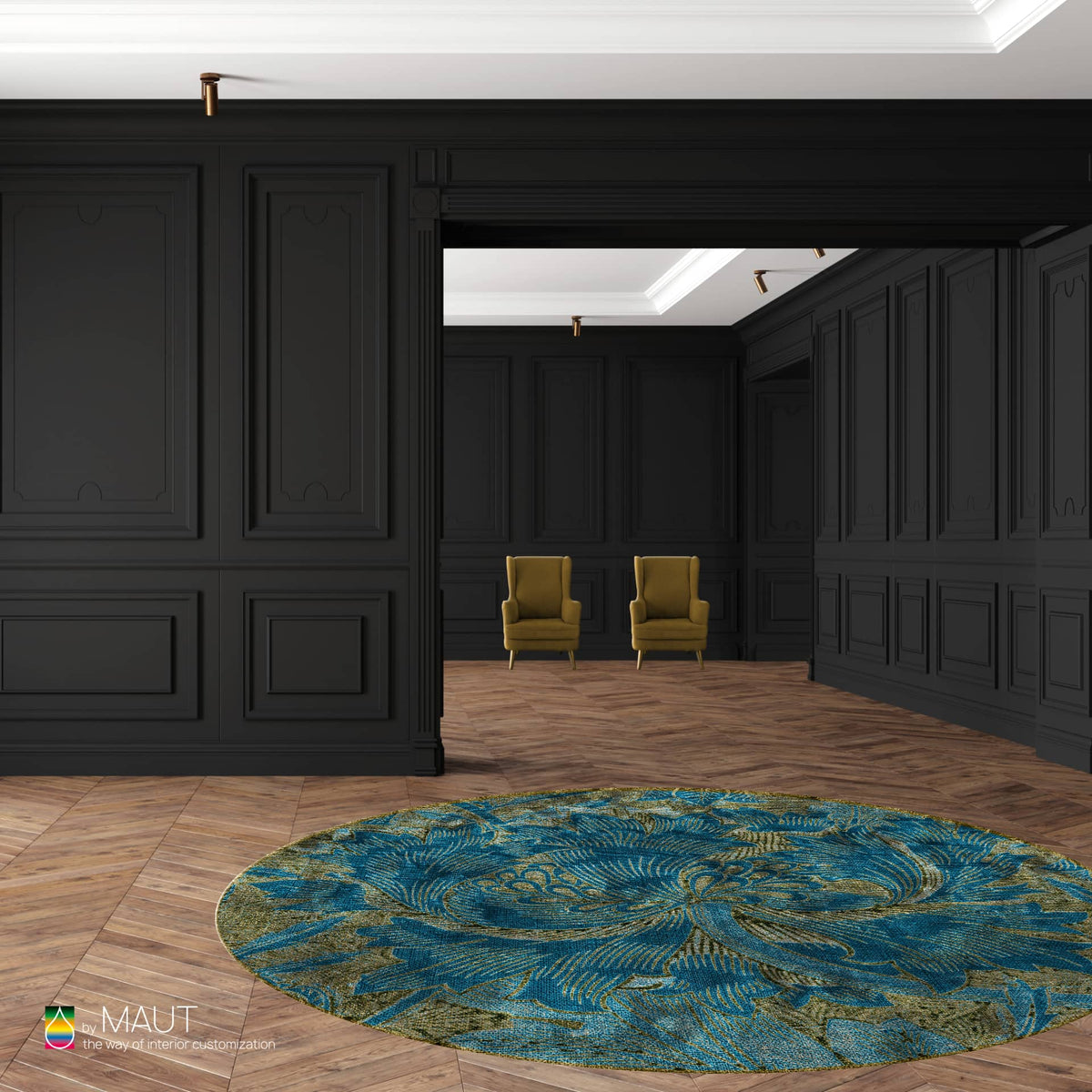 Een luxe vintage twist maakt SENCE tot een chique vloerkleed met blauw en goud tinten