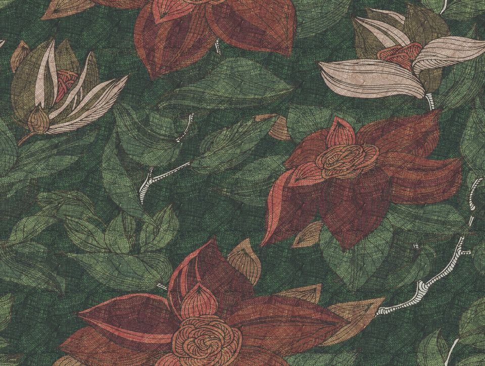 Wallpaper STRENGLE green met grote bloemmotieven en robuuste textieltextuur