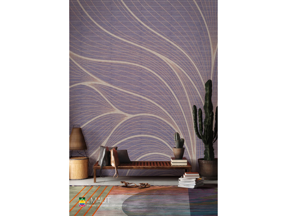 Wallpaper WAVE LINES met grasweefsel textuur en dynamische metallic paarse lijnen
