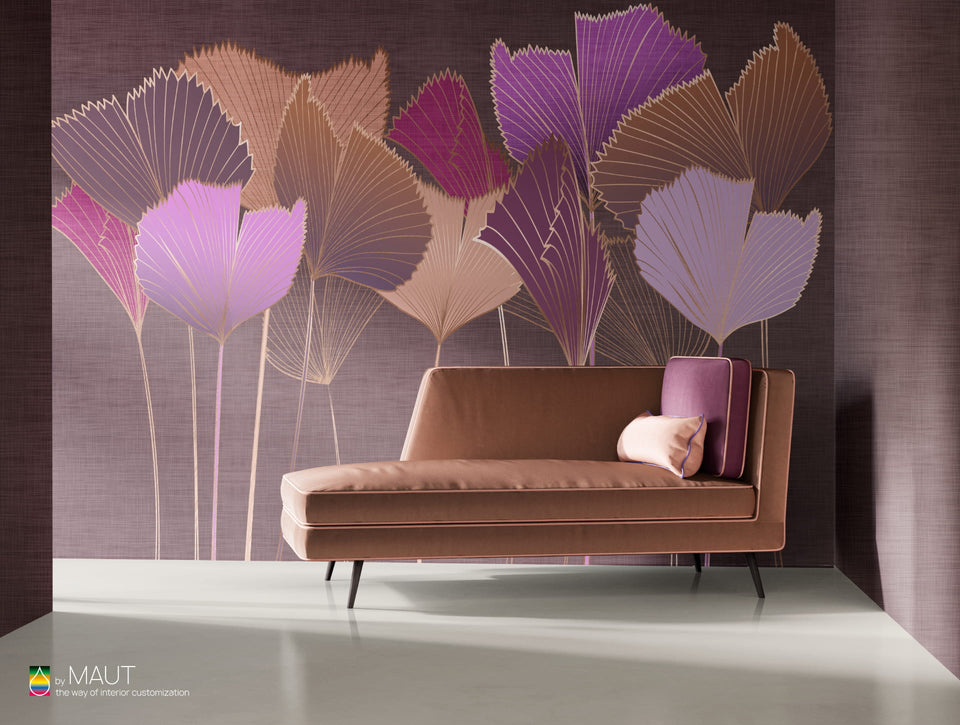 Wallpaper TAYLOR met art deco bladeren en metallic contourlijnen