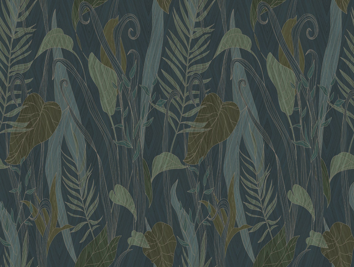 Jungle wallpaper SAFARI met subtiele bamboe textuur in groen blauwe tinten