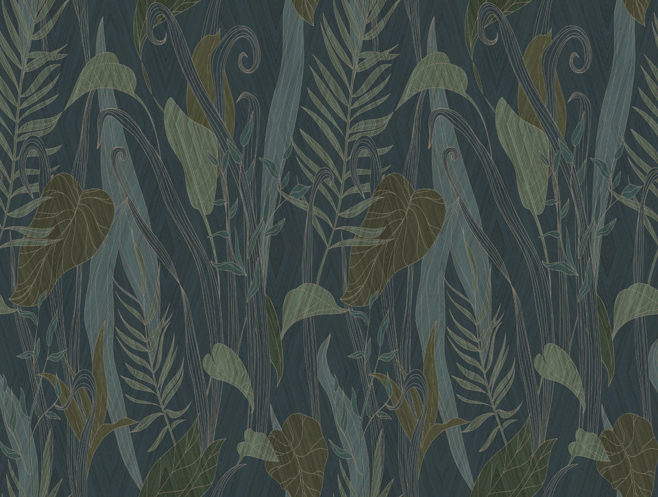 Jungle wallpaper SAFARI met subtiele bamboe textuur in groen blauwe tinten