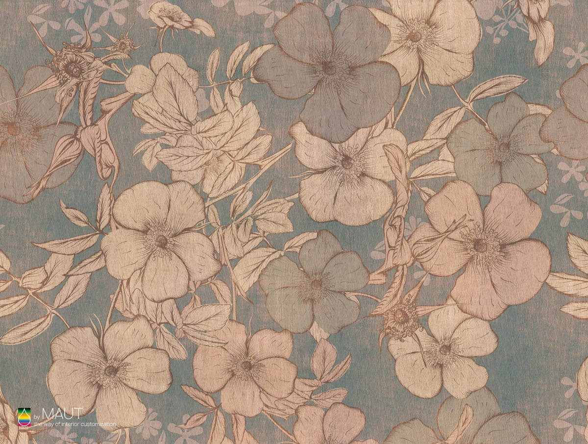 Wallpaper FLORA met getekende bbloemen en rustieke blauwe achtergrond
