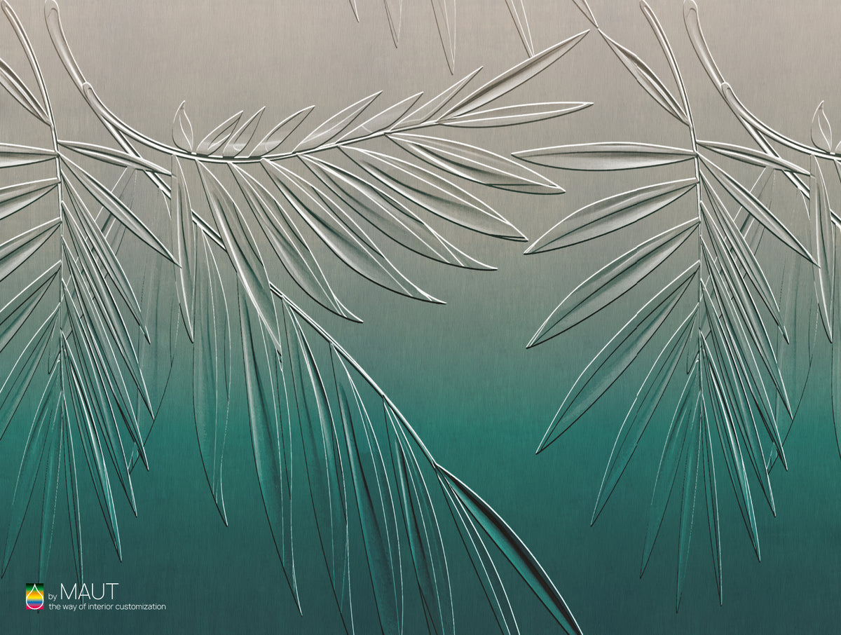 Wallpaper LEAVES met natuurlijke bladeren en zachte blauw groene kleurverlopen