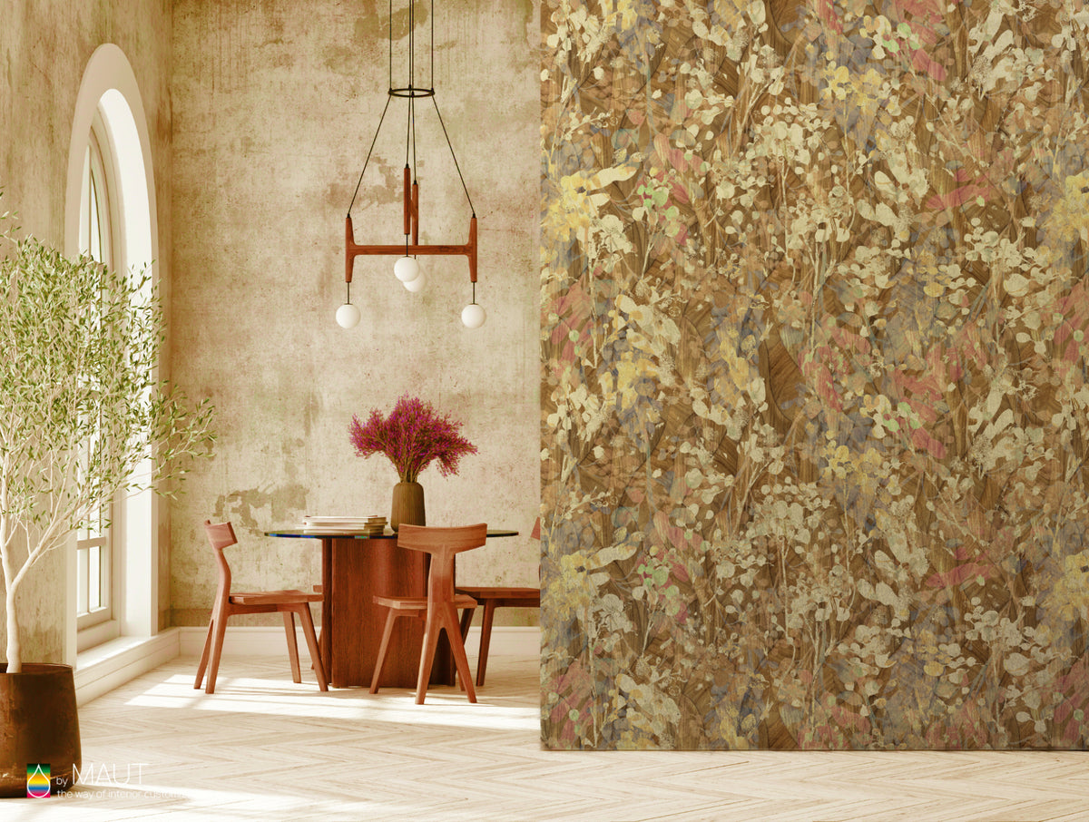 Wallpaper CAAT met watercolor bladeren en goud zijden achtergrond voor chique uitstraling