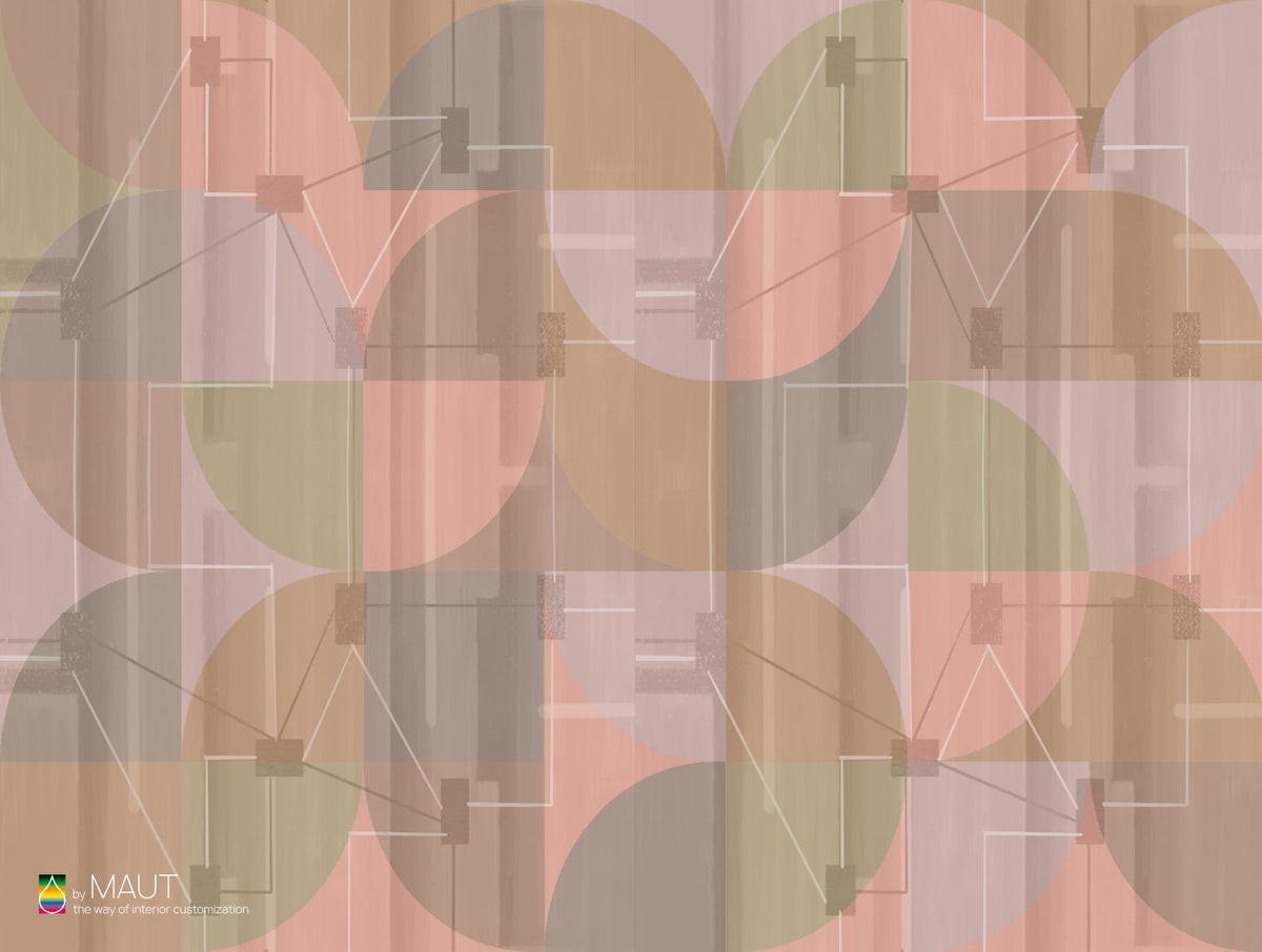 Wallpaper ROAD met abstracte halve cirkels en verfijnd lijnenspel met roze tinten