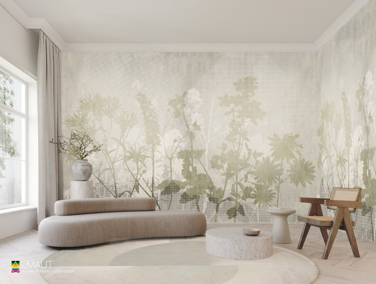Wallpaper AROUND THE BUSH met abstracte bladeren en organische vormen