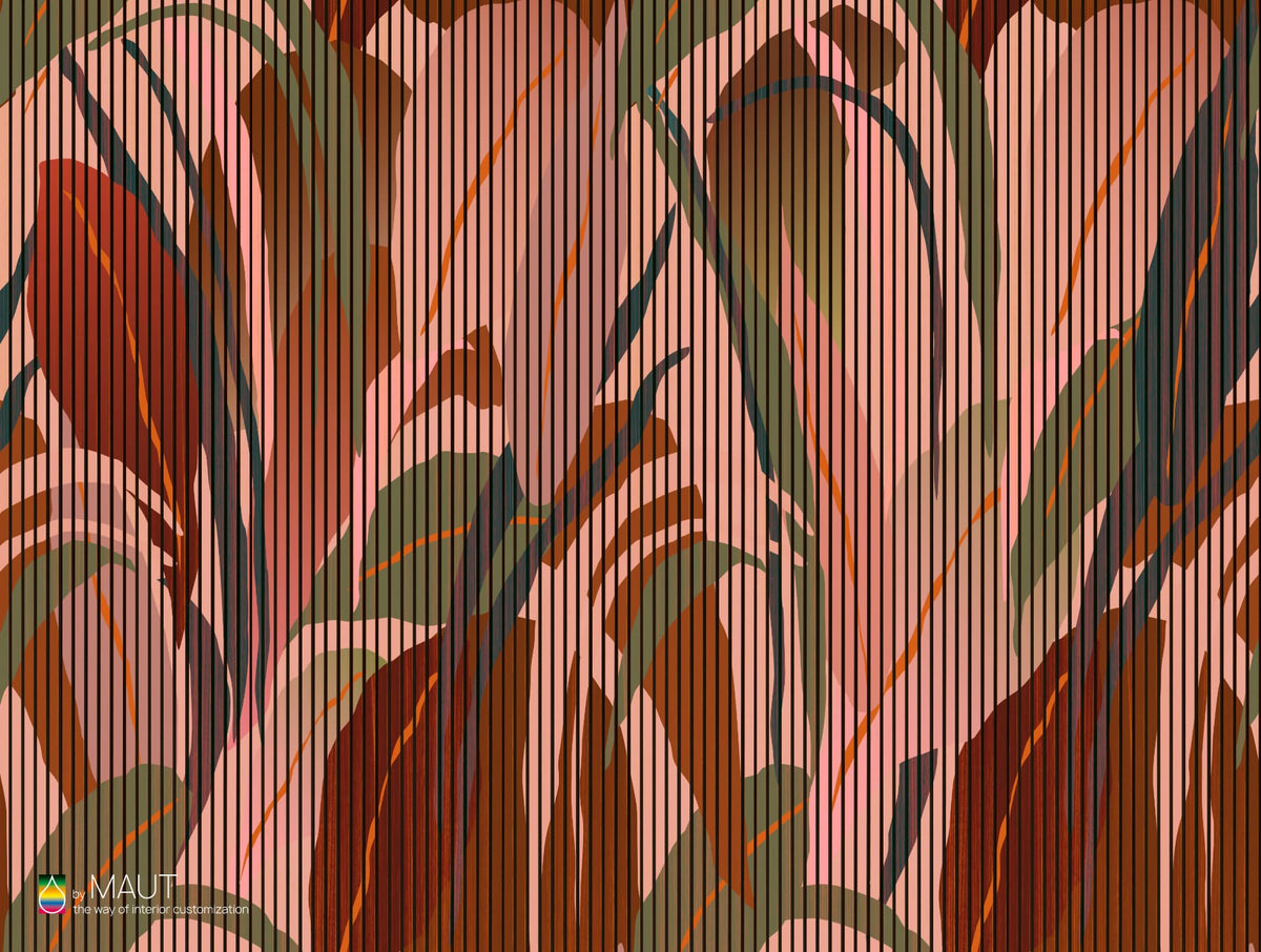 Wandbekleding DREAMWORLD met abstracte bladeren en woodpanel achtergrond