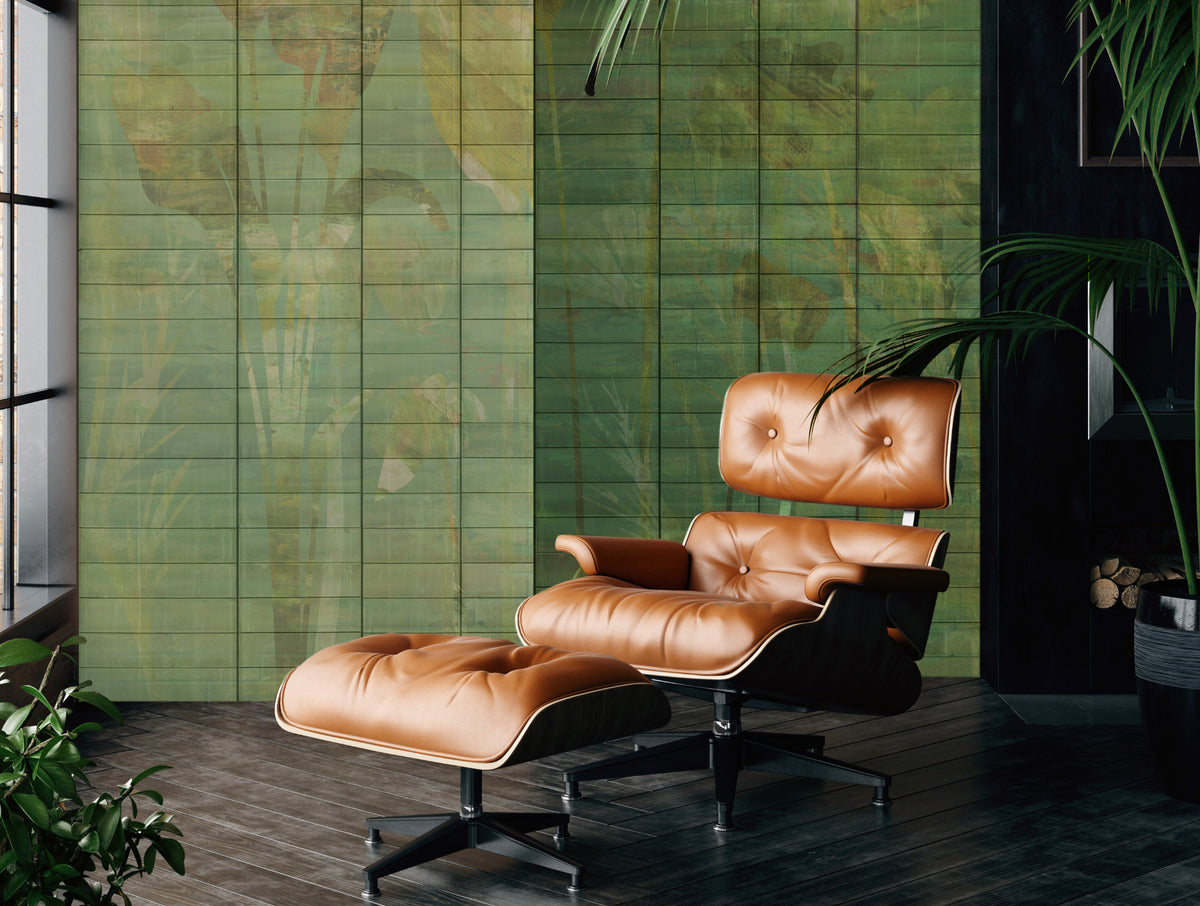 Wallpaper JARDIN ROYAL met olieverf geschilderde bladeren in klassiek landschap in prachtige groene tinten