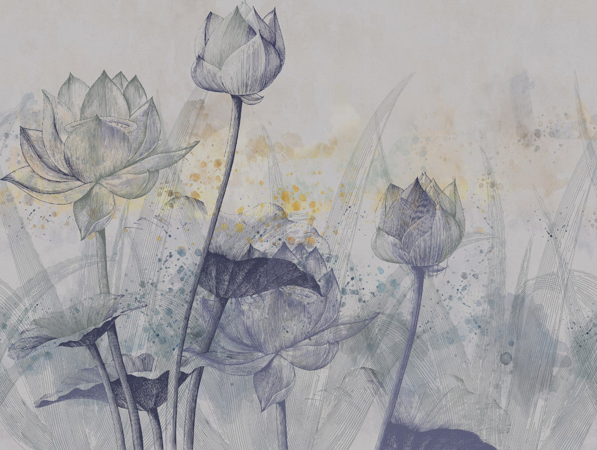 Wallpaper LOTUS met lotus bloemen en watercolor achtergrond voor elegante sfeer