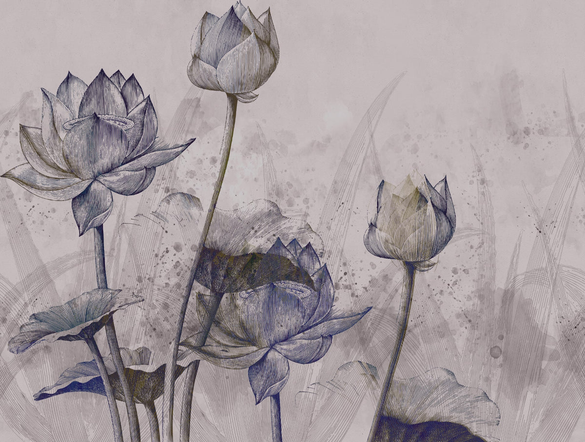 Wallpaper LOTUS met lotus bloemen en watercolor achtergrond voor elegante sfeer