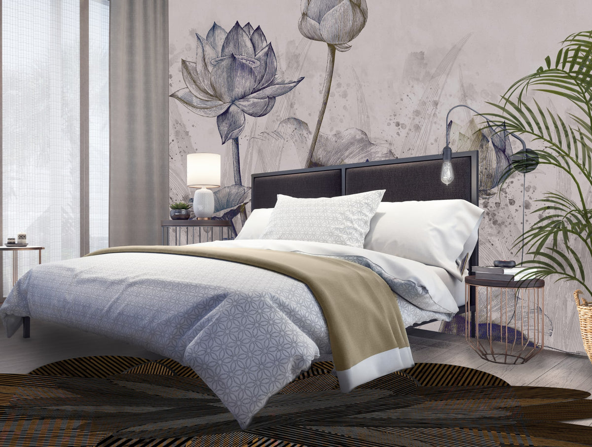 Wallpaper LOTUS met lotus bloemen en watercolor achtergrond voor elegante sfeer met vloerkleed IN DEVOTION