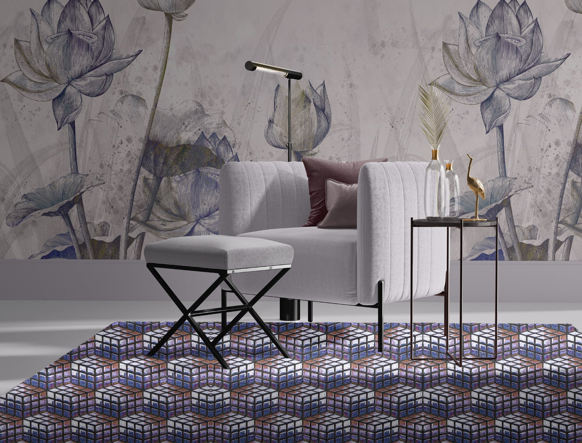 Wandbekleding LOTUS met lotus bloemen en zachte aquarel achtergrond met vloerkleed DYNASTIE