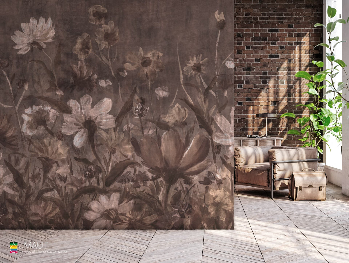 Wandbekleding NILO bruin met met de hand geschilderde bloemen en expressieve uitstraling