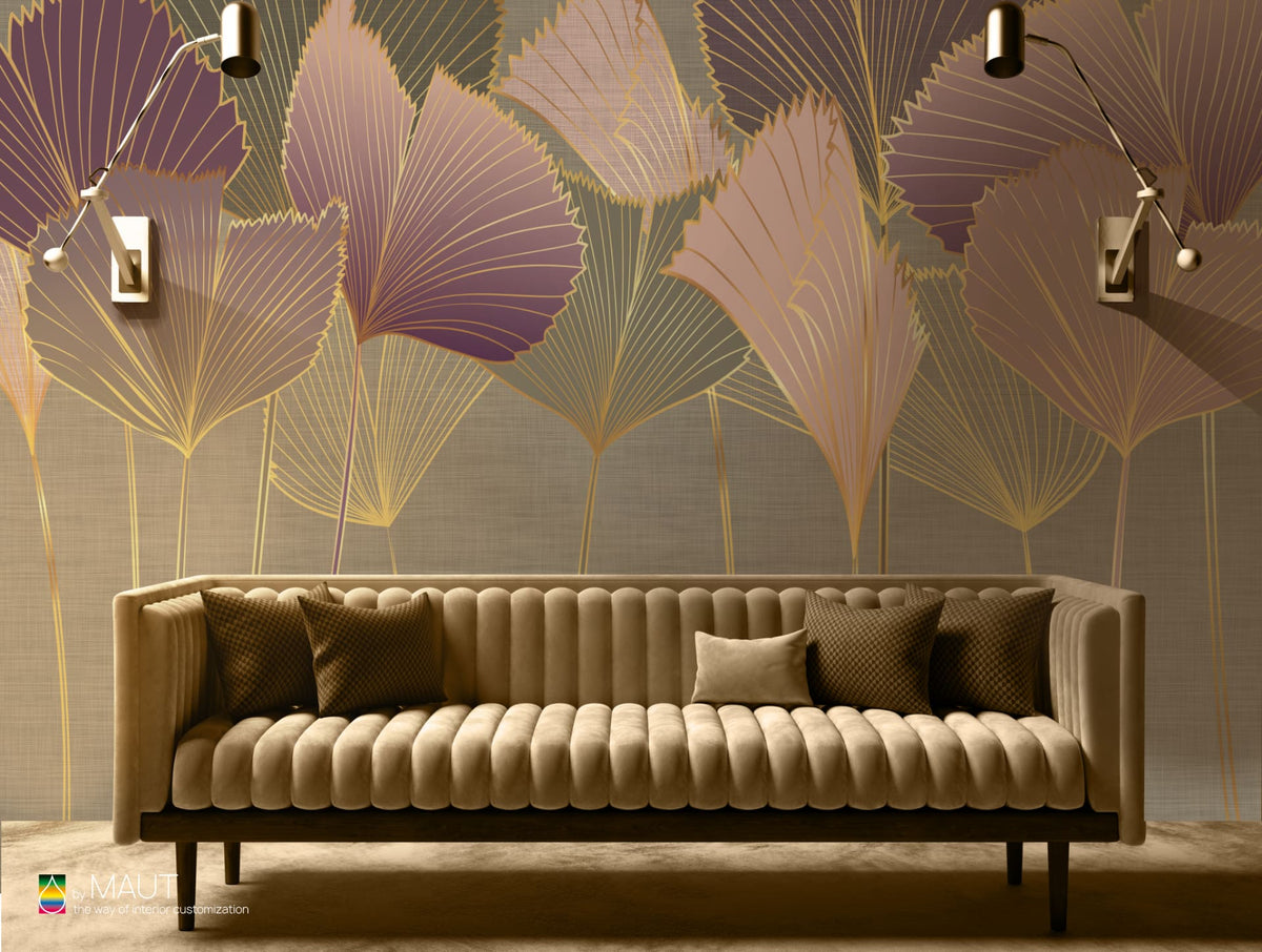 Wallpaper TAYLOR met art deco bladeren en metallic contourlijnen en natuurlijke tinten 