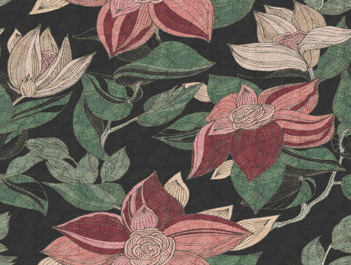 Wallpaper STRENGLE met grote bloemmotieven en robuuste textieltextuur