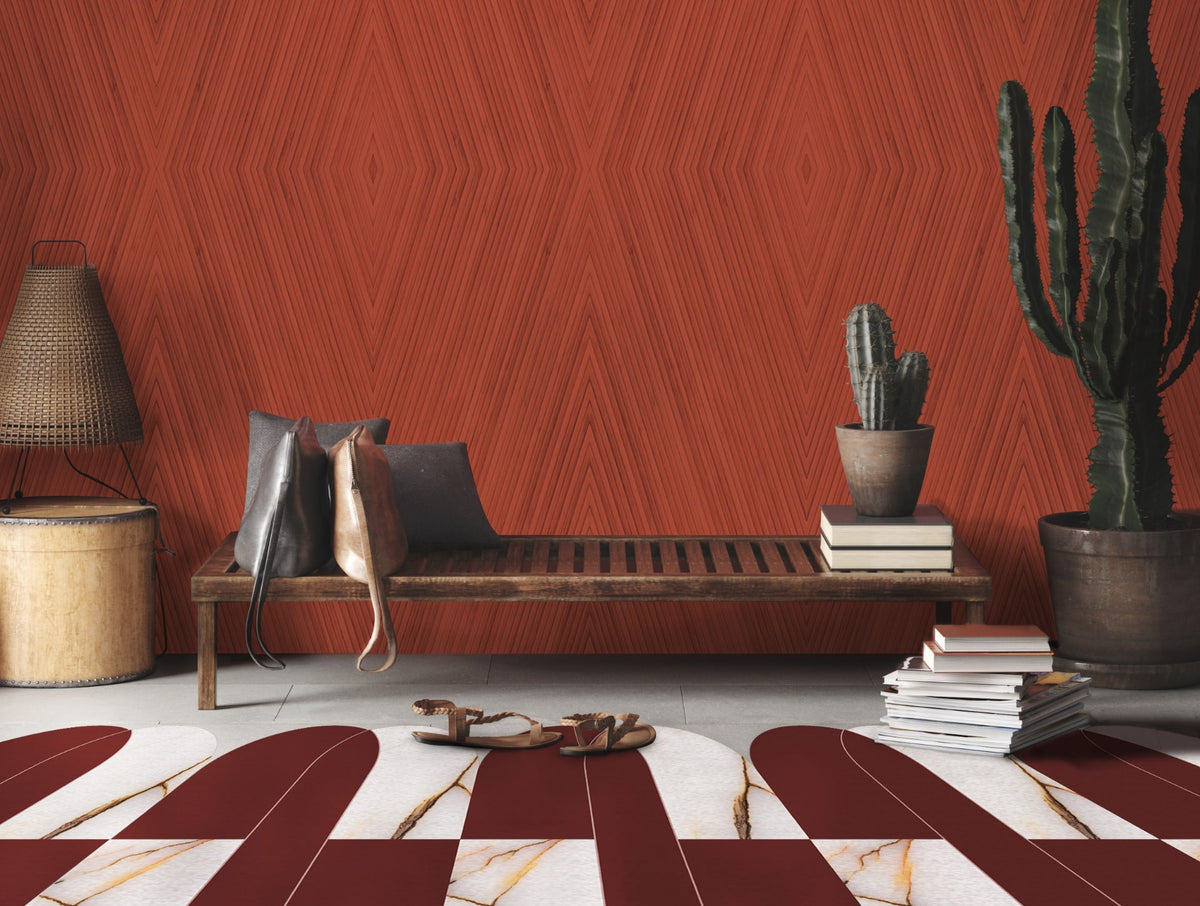 Wallpaper SAFARI UNI REDS met bamboevlechtwerk en warme roodtinten als eyecatcher