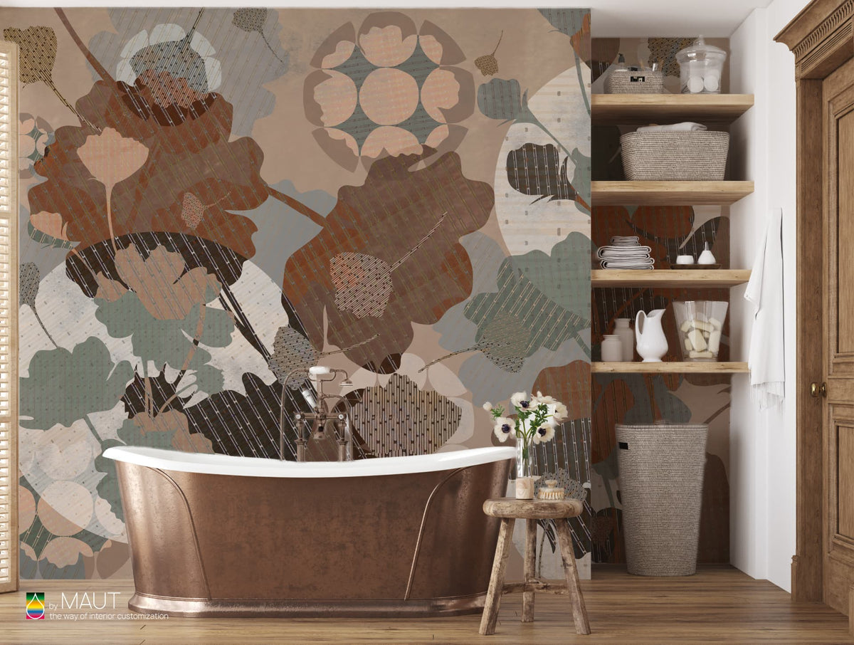 Wallpaper VIVRE met geometrische vormen, bloemen en verweerde betontextuur