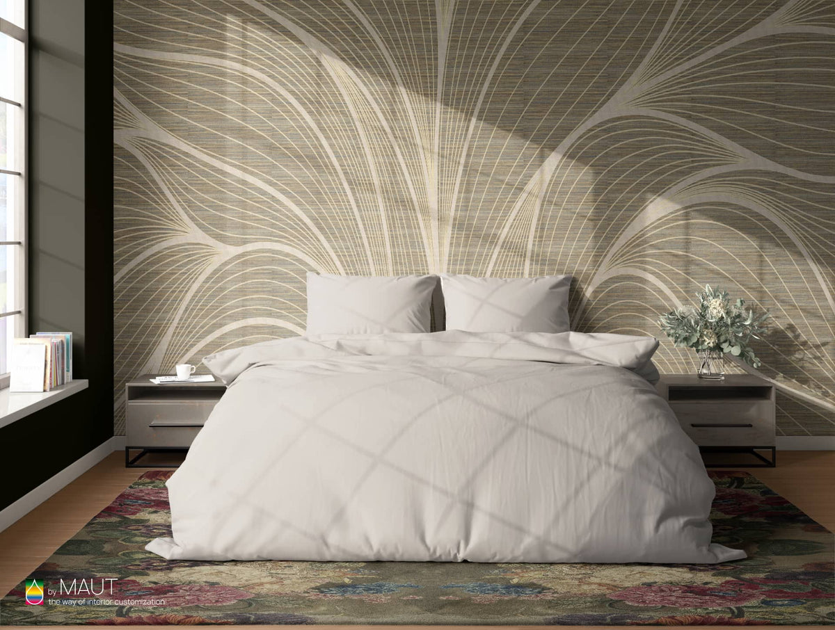 Wallpaper WAVE LINES met grasweefsel textuur en dynamische metallic lijnen in natuurlijke kleuren